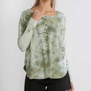 Umgee Green Tie Dye Long Sleeve Button Shirt Henley Top S